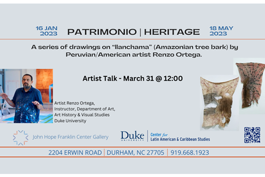 flyer for Patrimonio artist talk, photo of Renzo Ortega